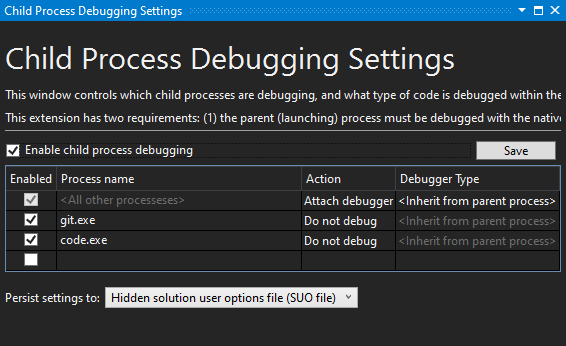 Child Debug Settings