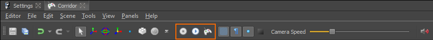 Toolbar buttons for scene simulation